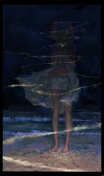 Rule 34 | 1girl, absurdres, bare arms, bare legs, barefoot, beach, black border, bloomers, blue bow, border, bow, commentary request, dark, dress, full body, highres, kudou chitose, kudou chitose (1st costume), navel, nijisanji, ocean, open clothes, open dress, outdoors, qunqing123, sand, short hair, solo, stomach, toes, underwear, virtual youtuber, waist bow, white bloomers, white dress, white hair