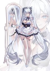 1girl :3 absurdres alternate_costume apron bare_back black_ribbon blue_eyes blush bow breasts cinderella_(nikke) cleavage clothes_lift commentary different_reflection dress english_commentary enmaided frilled_apron frilled_dress frilled_hairband frilled_wrist_cuffs frills full-length_mirror garter_straps glass_slipper goddess_of_victory:_nikke hair_between_eyes hair_intakes hair_ornament hair_over_one_eye hair_ribbon hairband high_heels highres large_breasts long_hair looking_at_viewer maid maid_apron maid_headdress mirror panties pantyshot reflection ribbon see-through_clothes see-through_skirt skindentation skirt skirt_lift solo thighhighs twintails underwear uyuri_(89976220) very_long_hair white_background white_dress white_hair white_thighhighs wrist_cuffs zoom_layer