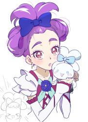 1girl :o arm_warmers blue_flower blue_rose bow brooch cinnamiku_hairstyle cinnamoroll earrings flower fuwa_fuwa_cinnamoroll hair_bow hair_up holding jewelry kei_(wa_shoi) light_blush looking_at_viewer milky_rose open_mouth precure purple_hair red_eyes rose sanrio thick_eyebrows tied_ears updo white_arm_warmers yes!_precure_5 yes!_precure_5_gogo!