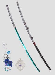 absurdres bite_addict blue_flower fantasy flower grey_background highres no_humans ootachi original petals purple_flower scabbard sheath sheathed simple_background sword unsheathed weapon weapon_focus white_flower