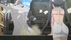 1girl 1other anime_screenshot ass balcony bare_back bare_shoulders black_hair blue_ribbon building dress dungeon_ni_deai_wo_motomeru_no_wa_machigatteiru_darou_ka glowing glowing_eyes hair_ornament hestia_(danmachi) highres leaning_on_object long_hair monster outdoors red_eyes ribbon short_dress shoulder_blades sky standing twintails white_dress window