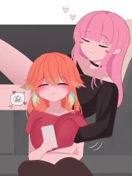 2girls alternate_costume blush breasts couple earrings feather_earrings feathers female_pervert groping highres hololive hololive_english jewelry large_breasts long_hair long_sleeves multicolored_hair multiple_girls pervert pink_hair simple_background viqur virtual_youtuber white_background yuri