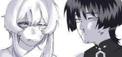 Rule 34 | 1boy, 1girl, artist name, blood, blood from mouth, blood on face, blunt ends, bodysuit, bruise, bruise on face, bruised eye, closed mouth, covered collarbone, eyelashes, genshin impact, greyscale, hair between eyes, half-closed eyes, highres, injury, lumine (genshin impact), mandarin collar, monochrome, scaramouche (genshin impact), scarf, short hair, short hair with long locks, sidelocks, tsurime, unamused, wanderer (genshin impact), white background, wispy bangs, zac-n