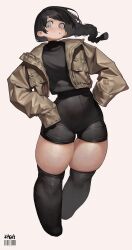 1girl :o artist_name bike_shorts black_hair black_shirt black_shorts black_thighhighs black_undershirt braid brown_jacket cropped_jacket cropped_legs eyebrows_hidden_by_hair floating_hair grey_eyes highres jacket kgm long_bangs long_hair long_sleeves looking_to_the_side mole mole_on_thigh mole_under_eye multiple_moles open_clothes open_jacket original over-kneehighs pink_background shirt shorts sideways_glance signature simple_background single_braid skindentation sleeves_past_fingers sleeves_past_wrists solo swept_bangs thigh_gap thighhighs thighs undershirt