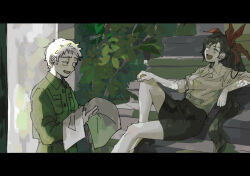 Rule 34 | 1boy, 1girl, black hair, black skirt, closed eyes, dappled sunlight, evan edrok, green pants, green shirt, grey hair, ha yuri zahard, hair ribbon, highres, holding, laughing, leaf, light rays, long hair, looking at another, original, pants, paper, plant, ponytail, red ribbon, ribbon, shirt, short hair, sitting, sitting on stairs, skirt, stairs, stone stairs, sunlight, tower of god, white shirt, wy285223