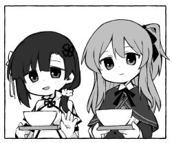 2girls arm_cutout arm_strap arms_up assault_lily blush bowl capelet collared_shirt commentary_request flower greyscale hair_flower hair_ornament hair_ribbon hair_scrunchie high-waist_skirt holding holding_tray inset_border kuo_shenlin long_hair long_sleeves looking_at_viewer low_ponytail monochrome monocle multiple_girls neck_ribbon one_side_up parted_lips ponytail ribbon school_uniform scrunchie shirt short_sleeves side_ponytail simple_background skirt smile tassel tassel_hair_ornament toyo_(sameden46) tray upper_body wang_yujia white_background yurigaoka_girls_academy_school_uniform