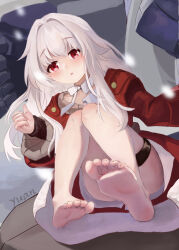 1girl awa barefoot blush clara_(honkai:_star_rail) feet highres honkai:_star_rail honkai_(series) long_hair looking_at_viewer parted_lips red_eyes soles toes white_hair