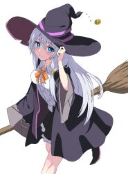 Rule 34 | 1girl, black hat, black robe, black skirt, blue eyes, blue pupils, blush, bow, bowtie, breasts, broom, center frills, closed mouth, collared shirt, commentary request, elaina (majo no tabitabi), foot out of frame, frilled shirt, frilled skirt, frills, grey hair, hair between eyes, hand on headwear, hand up, hat, hat ribbon, highres, long hair, long sleeves, looking at viewer, majo no tabitabi, medium breasts, miniskirt, open clothes, open robe, orange bow, orange bowtie, pleated skirt, poteto furai, purple ribbon, ribbon, robe, shirt, simple background, skirt, smile, solo, split mouth, standing, standing on one leg, straight hair, very long hair, white background, white shirt, wide sleeves, witch, witch hat