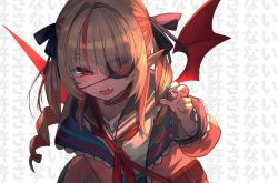 1girl blonde_hair blunt_bangs commentary_request eyepatch eyes_visible_through_hair fangs highres lack looking_at_viewer makaino_ririmu makaino_ririmu_(4th_costume) multicolored_hair nijisanji official_art open_mouth pointy_ears red_eyes red_hair simple_background solo streaked_hair text_background tongue translation_request twintails two-tone_hair upper_body virtual_youtuber white_background wings