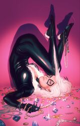 1girl black_bodysuit black_cat black_cat_(marvel) blue_eyes bodysuit breasts cat claws cleavage coin domino_mask felicia_hardy gem highres jewelry jswayart long_hair looking_at_viewer marvel mask medium_breasts necklace solo spider-man_(series) upside-down white_hair