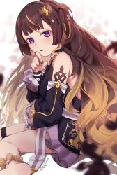 1girl absurdres ankle_garter anya_melfissa anya_melfissa_(1st_costume) artist_name bare_legs bare_shoulders blurry blurry_background brown_hair depth_of_field detached_sleeves dress gradient_hair hair_ornament highres hololive hololive_indonesia huge_filesize jacket jewelry long_hair looking_at_viewer lufi_ays multicolored_hair purple_eyes sitting skirt solo star_(symbol) tattoo twitter_username very_long_hair virtual_youtuber