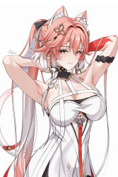 1girl animal_ears armpits arms_up black_collar body_markings braid breasts bright_pupils cat_ears cat_tail changli_(wuthering_waves) cleavage closed_mouth collar colored_extremities cowboy_shot dress feather_hair hair_extensions hair_ornament highres kemonomimi_mode large_breasts long_hair looking_at_viewer multicolored_hair no_jacket phoenix_feather pink_hair ponytail red_hands ring_hair_extensions simple_background smile solo tacet_mark_(wuthering_waves) tail twin_braids two-tone_hair underwear uriuritei very_long_hair white_background white_dress white_hair white_pupils wuthering_waves yellow_eyes