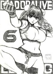 braid breasts chinese_clothes clenched_hand dead_or_alive dead_or_alive_6 large_breasts leg_up lei_fang martial_arts monochrome skidrow