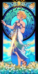 1girl armlet artist_name blonde_hair bloominflowers dress earrings flower from_side green_eyes highres holding holding_sword holding_weapon jewelry nintendo official_alternate_costume pointy_ears princess_zelda sandals short_hair solo standing strapless strapless_dress sword the_legend_of_zelda the_legend_of_zelda:_tears_of_the_kingdom weapon white_dress white_flower