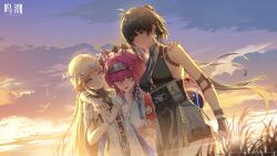3girls arm_around_shoulder armor bare_shoulders black_collar black_dress black_shorts blue_eyes breastplate breasts cartethyia_(wuthering_waves) closed_mouth collar copyright_notice cross-laced_clothes cross-laced_dress crown_of_thorns dress earrings elbow_pads female_rover_(wuthering_waves) game_cg hair_ornament hair_ribbon hairband hand_on_another&#039;s_head highres jewelry logo looking_at_another lupa_(wuthering_waves) medium_breasts metal_collar metal_hairband missing_commentary multiple_girls necklace official_art outdoors pangu_terminal_(wuthering_waves) parted_bangs pink_hair pointy_ears ribbon rover_(wuthering_waves) short_shorts shorts sleeveless sleeveless_dress smile tabard tacet_mark_(wuthering_waves) thighs triangle_earrings white_tabard wuthering_waves yellow_eyes yellow_ribbon