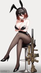 1girl absurdres angry animal_ear_hairband animal_ears arms_under_breasts artist_name bar_stool bare_shoulders battle_rifle black_footwear black_hair black_leotard black_pantyhose bow bowtie breasts cleavage clenched_teeth crossed_arms crossed_legs detached_collar fake_animal_ears gradient_hair gun h&amp;k_g28 hair_between_eyes hairband high_heels highres large_breasts leotard looking_at_viewer mikhail_n762 mikoto_(mikhail_n762) mole mole_under_eye multicolored_hair on_stool orange_hair original pantyhose playboy_bunny qr_code rabbit_ear_hairband rabbit_ears rail_(weapon) red_bow red_bowtie red_eyes rifle scar scar_across_eye scar_on_face scope short_hair simple_background sitting solo stool strapless strapless_leotard suppressor teeth twitter_username vertical_foregrip watermark weapon web_address white_background
