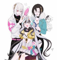 2boys 2girls :d animal animal_ears belt black_choker black_collar black_hair black_pants black_sweater blue_flower blue_jacket blunt_bangs blush bow breasts brother_and_sister brushing_hair casual choker cleavage closed_eyes collar collarbone crossed_bangs curtained_hair dog dress fake_animal_ears fake_tail feet_out_of_frame fire_emblem fire_emblem_engage fire_emblem_heroes flower flower_symbol fur-trimmed_jacket fur_trim gold_necklace grey_hair hair_between_eyes hair_ornament hands_on_lap happy highres holding holding_animal holding_dog jacket jewelry long_hair male_alear_(fire_emblem) male_focus medium_breasts multicolored_hair multiple_boys multiple_girls necklace nel_(fire_emblem) nintendo official_alternate_costume on_chair open_mouth pants parted_bangs partially_colored pink_belt pink_flower pleated_dress polka_dot_sleeves rabbit_ears rabbit_tail rafal_(fire_emblem) red_eyes sasaki_(dkenpisss) see-through_clothes see-through_sleeves shirt short_dress siblings sitting small_breasts smile sommie_(fire_emblem) sweater tail turtleneck turtleneck_sweater two-tone_hair very_long_hair veyle_(fire_emblem) veyle_(spring)_(fire_emblem) wavy_hair white_arm_warmers white_background white_dress white_hair white_jacket white_shirt wing_hair_ornament wrist_bow yellow_bow yellow_flower