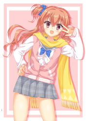 1girl :d blue_scrunchie blush charo_(meme) commentary_request cowboy_shot crossed_bangs drop_shadow eyes_visible_through_hair floating_hair fringe_trim fuyukichi_(nikoniko1567) grey_skirt hair_between_eyes hair_ornament hair_scrunchie hand_on_own_hip hand_up happy highres inaba_meguru jacket long_hair long_scarf looking_at_viewer meme miniskirt one_side_up open_mouth orange_hair partially_unbuttoned pink_background pink_jacket plaid_clothes plaid_skirt pleated_skirt red_eyes sanoba_witch scarf scrunchie shirt sidelocks simple_background skirt sleeves_past_wrists smile solo two-tone_background v v_over_eye white_background white_shirt white_sleeves yellow_scarf