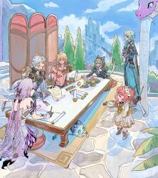 3boys 3girls anaxa_(honkai:_star_rail) animal_ear_hood animal_ears animal_hood aqua_robe armor bare_shoulders black_hood black_shirt blonde_hair blue_sky body_markings bunnyclvb butterfly_ornament castorice_(honkai:_star_rail) cat_ears cat_girl cat_hood cat_tail chimera_(honkai:_star_rail) cipher_(honkai:_star_rail) closed_eyes cloud cloudy_sky cobblestone commentary dress dromas_(honkai:_star_rail) english_commentary eyepatch fake_animal_ears flower folding_screen food fruit gauntlets green_hair grey_hair hair_flower hair_ornament highres holding holding_paper honkai:_star_rail honkai_(series) hood hood_up long_hair low_twintails multiple_boys multiple_girls outdoors paper phainon_(honkai:_star_rail) purple_hair red_hair robe scroll shirt short_hair shoulder_armor sky studying table tail tribbie_(honkai:_star_rail) twintails white_dress white_flower writing yawning