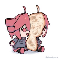 Rule 34 | 1girl, ahoge, artist name, branchpuzzle, bread, breast pocket, chibi, collared shirt, detached sleeves, drill hair, drill pigtails, drill sidelocks, food, grey shirt, grey skirt, grey sleeves, highres, kasane teto, pocket, red eyes, red hair, shirt, sidelocks, skirt, sliced, solo, twin drills, utau, white background