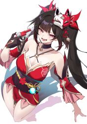 Rule 34 | 1girl, absurdres, bare shoulders, bell, black hair, breasts, choker, cleavage, collarbone, detached sleeves, dress, fox mask, gold trim, gun, hair ornament, handgun, highres, honkai: star rail, honkai (series), jingle bell, large breasts, long hair, looking at viewer, mask, mask on head, neck bell, obi, open mouth, pelvic curtain, pink eyes, red dress, revision, revolver, s4ika, sash, short dress, smile, solo, sparkle (honkai: star rail), twintails, weapon