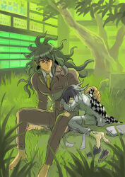 Rule 34 | 2boys, arm support, barefoot, book, closed mouth, danganronpa (series), danganronpa v3: killing harmony, framed insect, glasses, gokuhara gonta, grass, green theme, highres, in-universe location, kumakoro (tetsupag), leaning on person, long hair, male focus, messy hair, multiple boys, necktie, oma kokichi, open book, pants, shirt, shoes, sitting, sleeping, tree, unworn shoes, yellow necktie