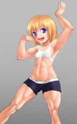 1girl abs arm_up armpits bike_shorts blonde_hair blue_eyes cameltoe child covered_erect_nipples feet_out_of_frame female_focus flat_chest flexing gluteal_fold grey_background gym_shorts kairunoburogu linea_alba looking_at_viewer midriff muscular muscular_child muscular_female muscular_legs navel obliques open_mouth original short_hair short_shorts shorts simple_background smile solo sports_bra standing thick_thighs thighs