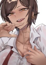 1girl body_writing brown_eyes brown_hair collarbone collared_shirt commentary dark-skinned_female dark_skin drooling earrings english_commentary english_text fingernails highres jewelry licking_lips limbus_company long_fingernails looking_at_viewer mature_eyes mouth_drool necktie open_mouth outis_(project_moon) project_moon saliva shirt short_hair simple_background smile solo sweat teeth tongue tongue_out tresmarrow undone_necktie upper_teeth_only wet wet_clothes wet_shirt white_background white_shirt