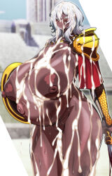 1girl absurdres bar_censor big_belly blood branded breasts bruise bukkake censored collar collarbone cowboy_shot cum cum_in_pussy cum_on_body cum_on_breasts cum_on_hair cum_on_lower_body cum_on_upper_body cumdrip curvy dark-skinned_female dark_skin excessive_cum expressionless facial functionally_nude gigantic_breasts gladiator_sandals gladius groin highres huge_areolae huge_nipples injury konoshige_(ryuun) left-handed medium_hair navel nosebleed original outie_navel pauldrons pregnant puffy_areolae puffy_nipples sandals shield shiny_skin shoulder_armor sidelocks slave_gladiatrix_(konoshige) solo standing sweat sword thick_thighs thighs weapon white_hair wide_hips yellow_eyes