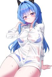 1girl bikini bikini_under_clothes blue_bikini blue_eyes blue_hair breasts commentary_request goddess_of_victory:_nikke hair_intakes helm_(aqua_marine)_(nikke) helm_(nikke) highres korean_commentary large_breasts long_hair looking_at_viewer mimu_(cyus7328) official_alternate_costume see-through_clothes shirt simple_background solo swimsuit swimsuit_under_clothes thighs wet wet_clothes white_background white_shirt