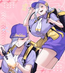 Rule 34 | 1girl, absurdres, alcohol, baseball cap, beer, beer tap, blue lips, blush, breasts, closed eyes, collared shirt, cup, eyeliner, fate/grand order, fate (series), hair over one eye, hat, highres, hiyayaako, large breasts, long hair, looking at viewer, makeup, mrs. snake (fate), multiple views, nozzle, open mouth, ponytail, purple hat, purple shirt, purple shorts, shirt, short sleeves, shorts, smile, thighs, white hair, yellow eyes