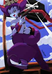 Rule 34 | 1girl, arm on knee, artist name, bandana, bare shoulders, blue skin, blue sky, bracer, breasts, choker, cleavage, colored skin, cutlass, dark-skinned female, dark skin, earrings, evil smile, fang, full body, glowing, glowing weapon, gun, harem pants, hat, highres, holding, holding gun, holding weapon, hoop earrings, jewelry, jolly roger, large breasts, long hair, looking at viewer, navel, open mouth, pants, pirate, pirate hat, pirate ship, pointy footwear, purple choker, purple hair, purple lips, purple skin, red eyes, risky boots, shantae (series), ship, skull and crossbones, skull ornament, sky, smile, solo, sovlart, standing, teeth, upper teeth only, watercraft, weapon, wrist cuffs
