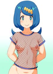 1girl blue_eyes blue_hair blush breasts bright_pupils collarbone ero_kaeru fishnet_top fishnets highres lana&#039;s_mother_(pokemon) long_hair looking_at_viewer low_ponytail mature_female medium_breasts navel nintendo nipples no_sclera nude pokemon pokemon_(anime) pokemon_sm_(anime) ponytail smile solo split_ponytail white_pupils