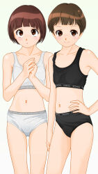 1girl black_bra black_panties blush bra breasts brown_eyes brown_hair cameltoe clothes_writing collarbone crotch_seam dedenden_(pixiv30568724) grey_bra grey_panties hand_on_own_hip looking_at_viewer looking_up navel open_mouth original own_hands_together panties short_hair small_breasts smile standing underwear white_background