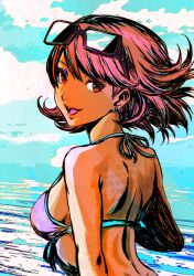 1girl absurdres back bare_shoulders bikini blue_sky blue_trim breasts brown_eyes brown_hair cloud cloudy_sky earrings eyewear_on_head flipped_hair halterneck highres jewelry looking_at_viewer looking_back medium_breasts mixed-language_commentary ocean oeilvert_fft official_alternate_costume open_mouth outdoors persona persona_3 pink_bikini short_hair sky solo string_bikini stud_earrings sunglasses swimsuit takeba_yukari tan upper_body