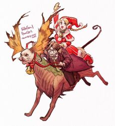 all_fours artist_name bell blonde_hair boots braid braided_ponytail brown_hair cait_sidhe_(folkssoul) cloak coat ellen_(folkssoul) folkssoul fur-trimmed_collar fur_trim glasses green_necktie hat keats_(folkssoul) mittens neck_bell necktie oboro_(kazegoyomi) purple_coat red_boots red_cloak santa_hat signature simple_background waving whiskers white_background
