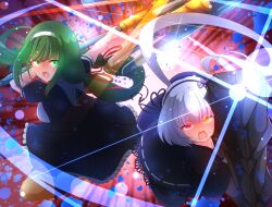 2girls arm_up assault_lily baichi_(ph4yvfsqyynkhnv) black_capelet black_hairband black_pantyhose black_ribbon black_shirt black_skirt blurry blurry_background bow_hairband breasts brown_pantyhose capelet commentary cropped_jacket energy fighting_stance floating_hair flower frilled_skirt frills glowing glowing_eyes green_eyes green_hair grey_hair hair_ribbon hairband hand_up hasebe_touka heterochromia highres holding holding_polearm holding_weapon lace-trimmed_capelet lace_trim leaning_forward long_hair looking_at_viewer low-tied_long_hair low_ponytail lower_teeth_only medium_breasts multiple_girls open_mouth outstretched_arm pantyhose polearm ponytail puffy_short_sleeves puffy_sleeves purple_flower red_background red_eyes red_ribbon ribbon ribbon-trimmed_capelet ribbon_trim school_uniform shirt short_sleeves skirt standing standing_on_one_leg teeth three-quarter_sleeves two-handed underbust v-shaped_eyebrows very_long_hair weapon white_shirt yamaguchi_chihiro_(assault_lily) yellow_eyes yurigaoka_girls_academy_school_uniform