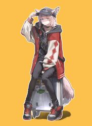 Rule 34 | 1girl, absurdres, animal ears, arknights, arm up, black choker, black hat, black pants, braid, choker, closed mouth, clothes writing, cross, drawstring, earrings, ears through headwear, full body, greek cross, hand on headwear, hat, highres, hood, hood down, jewelry, kusami toka naku au, long sleeves, looking at viewer, material growth, official alternate costume, oripathy lesion (arknights), outline, pants, peaked cap, pink hair, rolling suitcase, short hair, simple background, sitting, solo, sticker, suitcase, sussurro (arknights), sussurro (travel freely) (arknights), tail, white outline, yellow background