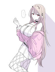 Rule 34 | ..., 1girl, absurdres, against wall, bare shoulders, black collar, breasts, brown hair, cleavage, collar, commentary request, expressionless, fishnet pantyhose, fishnets, from side, goddess of victory: nikke, hair intakes, heart collar, highres, horns, invisible wall, jacket, kumo tabetai, light frown, long hair, looking at viewer, miniskirt, off shoulder, pantyhose, pink eyes, pink jacket, pleated skirt, simple background, sketch, skirt, spoken ellipsis, very long hair, viper (nikke), white background, white skirt