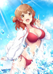 1girl ahoge bikini breasts brown_eyes brown_hair cleavage collarbone gakuen_idolmaster hair_bun hanami_ume highres idolmaster jacket large_breasts long_sleeves looking_at_viewer navel novady open_clothes open_jacket open_mouth red_bikini short_hair smile solo stomach swimsuit v water white_jacket