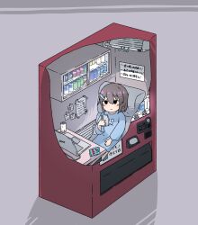 1girl air_conditioner bag black_eyes blue_shirt brown_hair can cellphone chair computer drink_can expressionless fish_hair_ornament grey_background hair_between_eyes hair_ornament highres holding holding_phone indoors kani_aji kani_aji-chan laptop long_sleeves medium_hair original part_time_job phone shirt sitting smartphone snack solo tape translation_request vending_machine