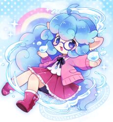 Rule 34 | 1girl, :3, :d, ahoge, animal ears, black ribbon, blue background, blue hair, blush, boots, borrowed character, cardigan, commentary request, commission, frilled skirt, frills, full body, glasses, long hair, long sleeves, looking at viewer, neck ribbon, okamori kuo, open cardigan, open clothes, open mouth, original, outstretched arm, pink cardigan, pleated skirt, polka dot, polka dot background, purple-framed eyewear, purple eyes, rainbow, red boots, red skirt, ribbon, round eyewear, rubber boots, sheep ears, sheep girl, shirt, skeb commission, skirt, smile, solo, splashing, white shirt