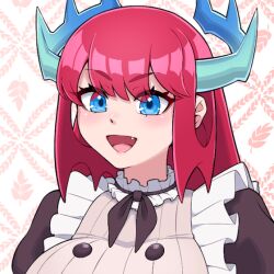 1girl blue_eyes breasts brown_dress close-up dragon_girl dragon_horns dress fang horns kitchen_dragonmaid large_breasts maid open_mouth red_hair simple_background solo white_background yata_masahara yu-gi-oh!