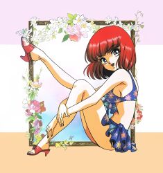 1990s_(style) 1girl bikini bikini_skirt blue_bikini brown_eyes floral_print flower full_body hase_miyako high_heels hugging_own_legs knee_up leg_up looking_at_viewer non-web_source official_art open_mouth red_hair red_sandals retro_artstyle sandals short_hair sitting solo swimsuit tanin_no_kankei