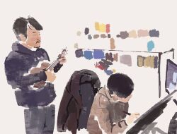 2boys black_hair blue_pants computer facial_hair holding holding_stylus hood hood_down instrument monitor multiple_boys music original painting_(medium) pants playing_instrument slow_d stylus touchscreen traditional_media ukulele