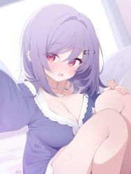 1girl blush breasts breath cleavage commentary deyui dress food food_on_face hair_between_eyes hair_intakes hair_ornament hairclip highres holding holding_food indoors iris_(stella_sora) knees_up large_breasts looking_at_viewer medium_hair open_mouth outstretched_arm purple_dress purple_hair red_eyes solo star-shaped_food star_(symbol) stella_sora sweat thighs