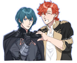 Rule 34 | 2boys, armor, black armor, black gloves, blue hair, cape, closed mouth, commentary request, fire emblem, fire emblem: three houses, garreg mach monastery uniform, gloves, heart hands failure, male byleth (fire emblem), multiple boys, nintendo, open mouth, orange hair, purple eyes, s oxox, short hair, simple background, smile, sylvain jose gautier, thumbs up, white background