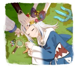 4girls :3 animal_costume animal_hood black_nails blue_eyes blue_hair blunt_bangs blush border closed_eyes commentary ebi-chan_(gawr_gura) english_commentary fins fish_tail flower_wreath gawr_gura gawr_gura_(1st_costume) gloves headpat highres hololive hololive_english holomyth hood hoodie magnifying_glass medium_hair melodyguru mori_calliope mori_calliope_(1st_costume) multicolored_hair multiple_girls nail_polish ninomae_ina&#039;nis ninomae_ina&#039;nis_(1st_costume) on_grass shark_costume shark_hood shark_tail sleeping smile solo_focus streaked_hair tail takanashi_kiara takanashi_kiara_(1st_costume) twitter_username upper_body virtual_youtuber white_border white_hair