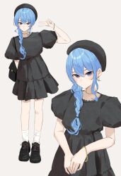 Rule 34 | 1girl, absurdres, alternate costume, bag, beret, black bag, black dress, black hat, black shoes, blue eyes, blue hair, blue nails, bracelet, braid, commentary request, dress, earrings, full body, grey background, hair between eyes, hair over shoulder, hat, highres, hololive, hoshimachi suisei, jewelry, long hair, looking at viewer, multiple views, nail polish, puffy sleeves, shoes, short sleeves, shoulder bag, sidelocks, simple background, socks, standing, tagosaku (tatsukiuma0329), v, virtual youtuber, white socks