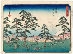 Rule 34 | 19th century, 6+boys, 6+girls, ando hiroshige, bag, black hair, field, fine art parody, flock, gradient sky, highres, japan, japanese clothes, kimono, landscape, mat, mount fuji, mountain, multiple boys, multiple girls, nihonga, original, parody, scenery, sitting, sky, tent, thirty-six views of mount fuji (hiroshige), traditional media, translation request, ukiyo-e, volcano, walking